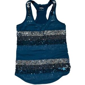 Express Dreamweight‎ Cotton Sequin Striped Racerback Tank Top Teal XS Y2K Glam